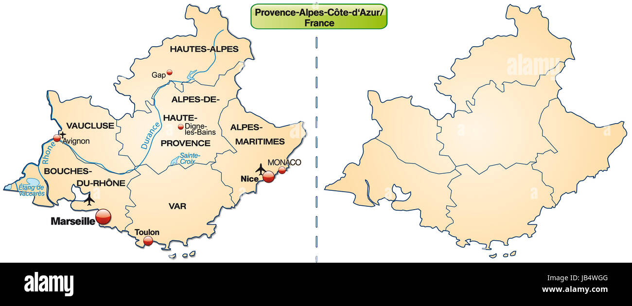 Provence-Alpes-Côte d'Azur en Frankreich als dans Pastellorange Inselkarte mit Grenzen. Die Karte kann sofort für Ihr Vorhaben le werden. Banque D'Images