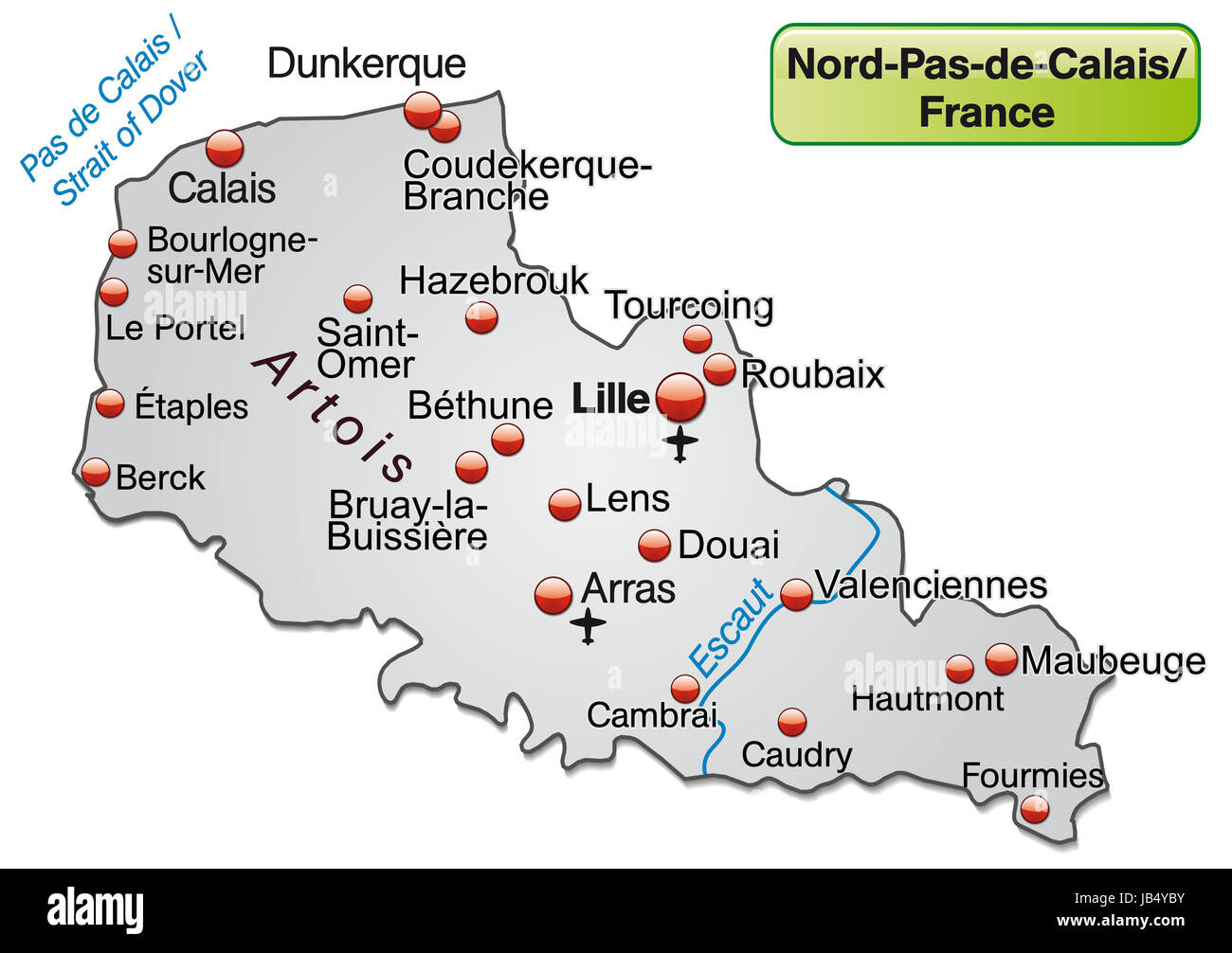 Le Nord-Pas-de-Calais en Frankreich als Inselkarte topografischen mit allen wichtigen Informationen in Grau. Die Karte kann sofort für Ihr Vorhaben le werden. Banque D'Images