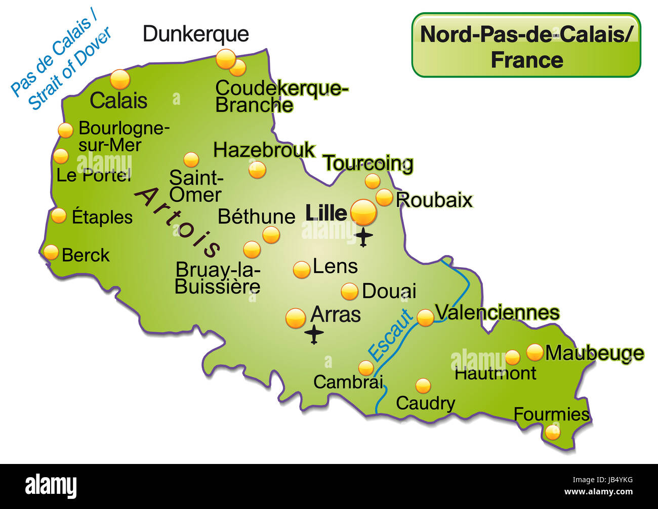 Le Nord-Pas-de-Calais en Frankreich als Inselkarte topografischen mit allen wichtigen Informationen in grün. Die Karte kann sofort für Ihr Vorhaben le werden. Banque D'Images