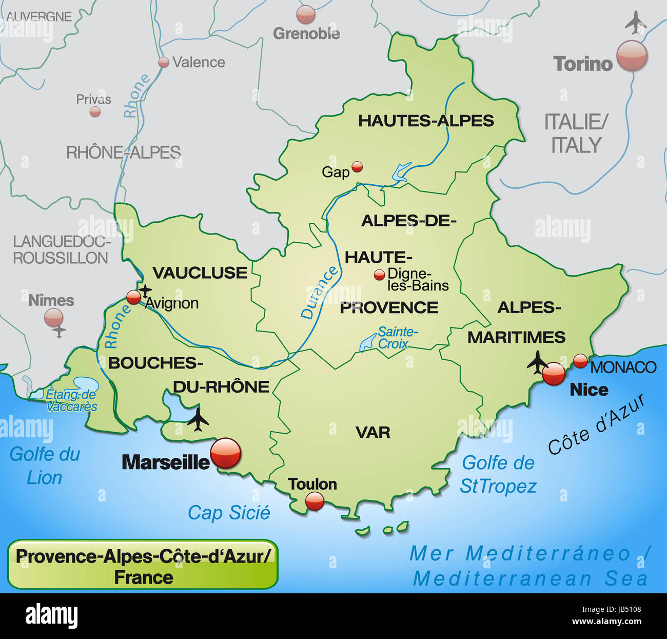 Provence-Alpes-Côte d'Azur en Frankreich als mit Umgebungskarte Grenzen dans Pastellgrün. Die Karte kann sofort für Ihr Vorhaben le werden. Banque D'Images