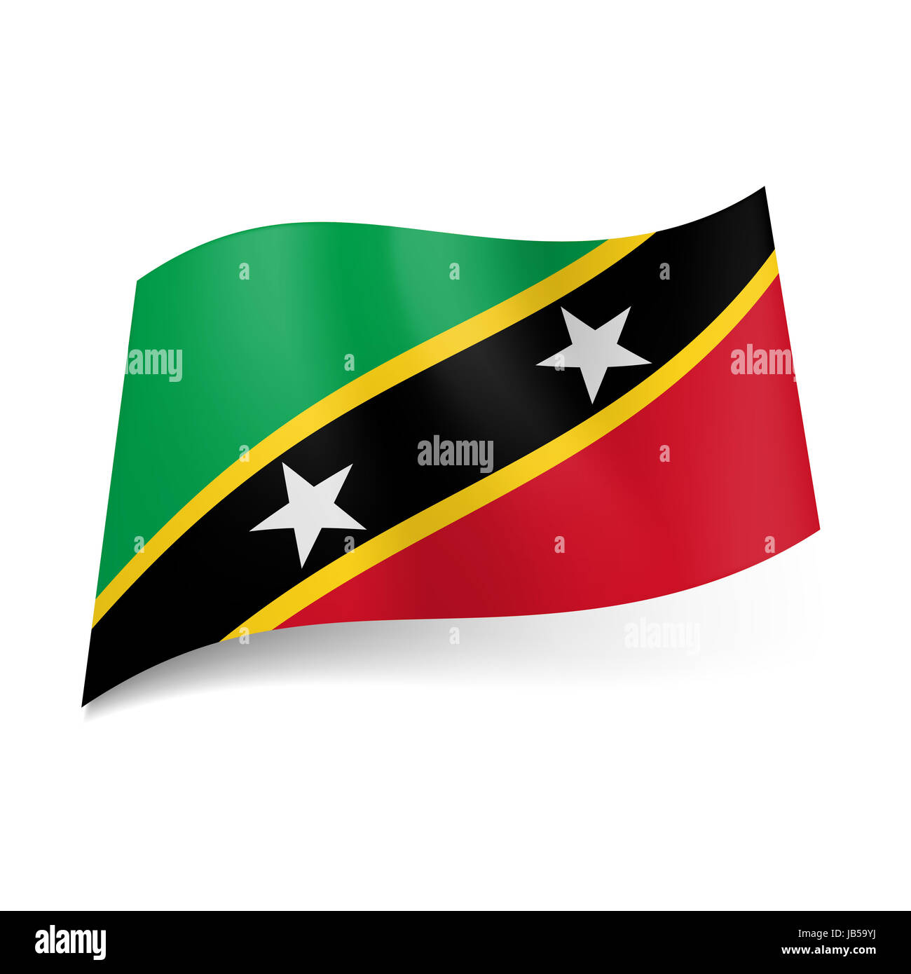 Drapeau national de la Fédération de Saint Kitts et Nevis : jaune bordé diagonale noire avec deux étoiles blanches entre le vert et le rouge trinagles Banque D'Images