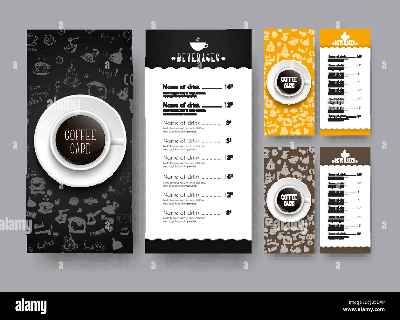 Conception d'un menu restreint pour un café ou restaurant. Un modèle de fiche, avec des dessins à la main et une tasse de café noir, est une vue de dessus. Vector illustration Illustration de Vecteur