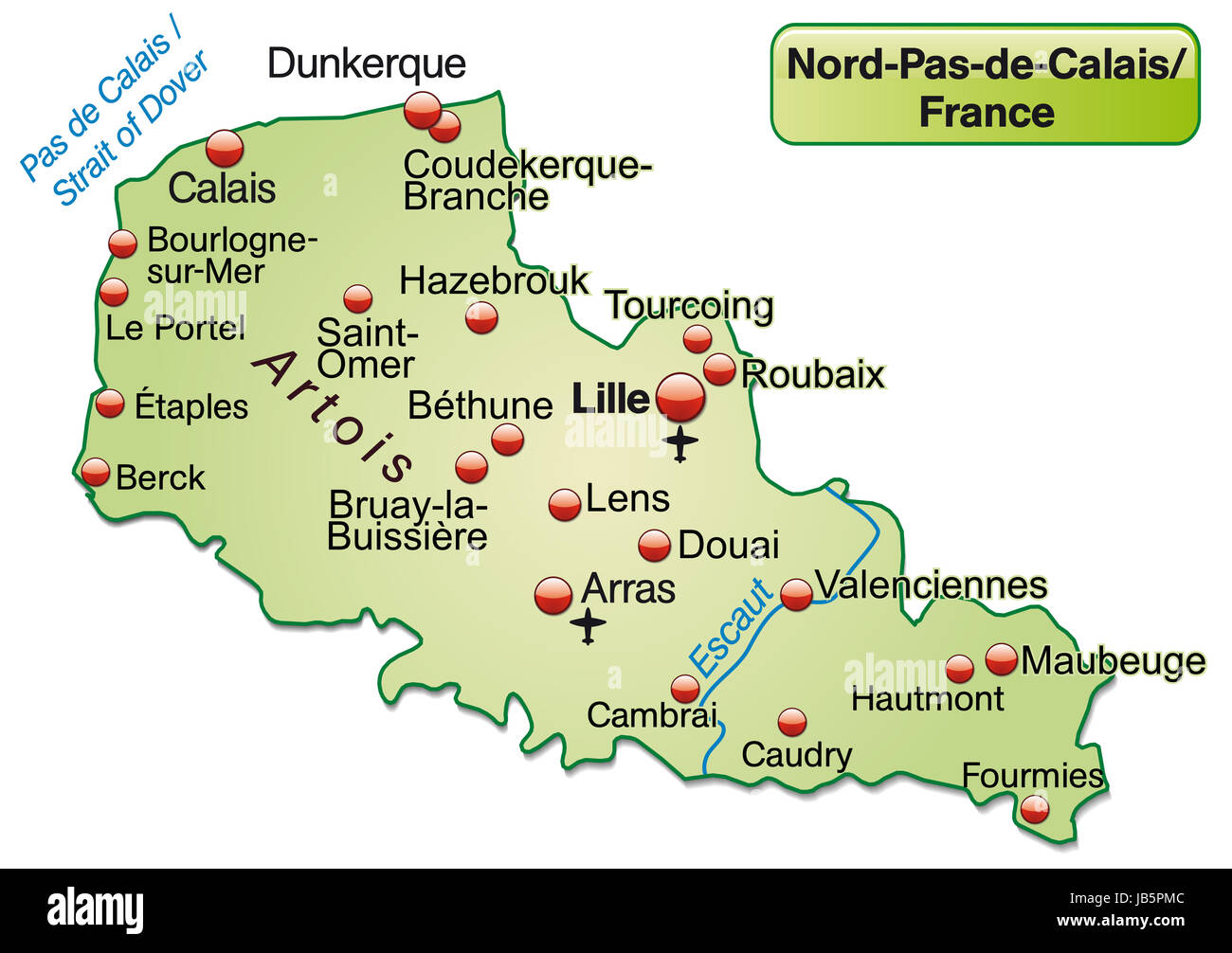 Le Nord-Pas-de-Calais en Frankreich als Inselkarte topografischen mit allen wichtigen Informationen in Pastellgrün. Die Karte kann sofort für Ihr Vorhaben le werden. Banque D'Images
