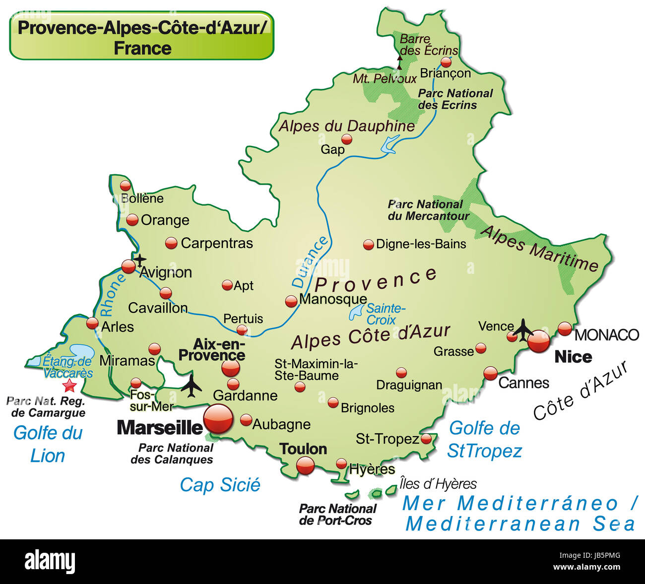 Provence-Alpes-Côte d'Azur en Frankreich als Inselkarte topografischen mit allen wichtigen Informationen in Pastellgrün. Die Karte kann sofort für Ihr Vorhaben le werden. Banque D'Images