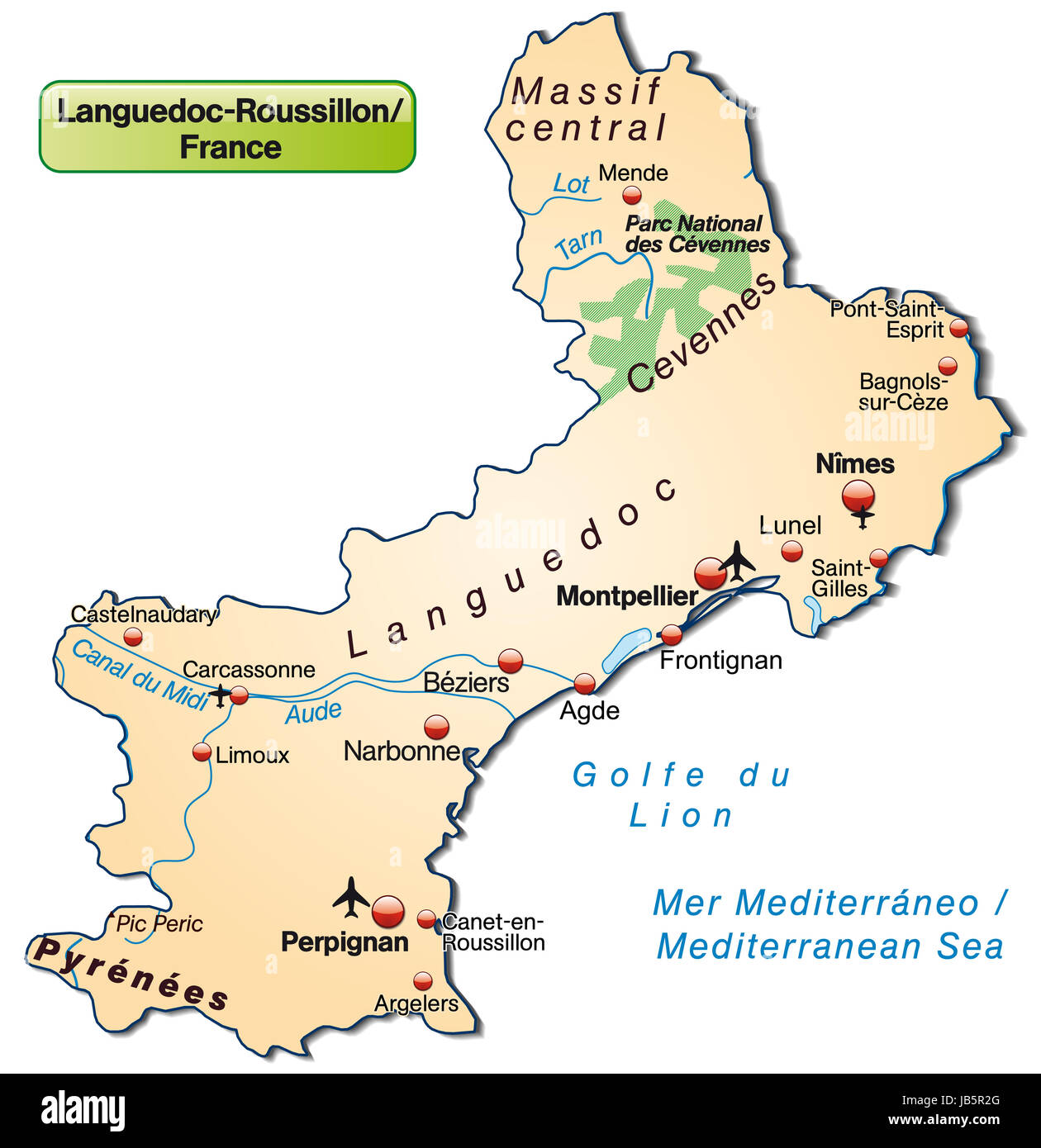 Le Languedoc-Roussillon en Frankreich als Inselkarte topografischen mit allen wichtigen Informationen in Pastellorange. Die Karte kann sofort für Ihr Vorhaben le werden. Banque D'Images