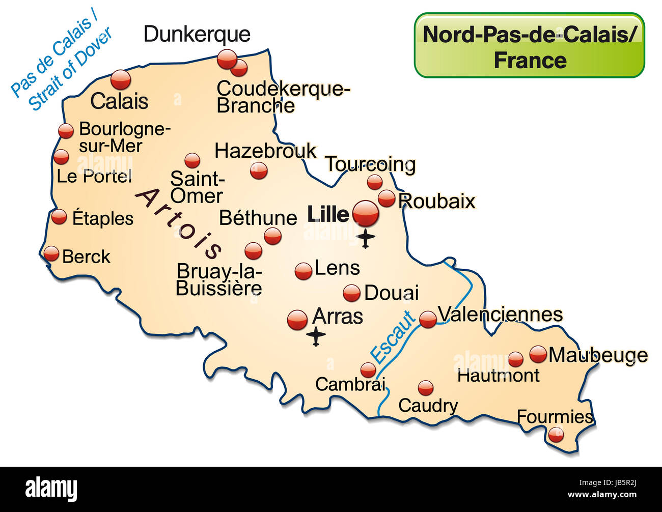 Le Nord-Pas-de-Calais en Frankreich als Inselkarte topografischen mit allen wichtigen Informationen in Pastellorange. Die Karte kann sofort für Ihr Vorhaben le werden. Banque D'Images