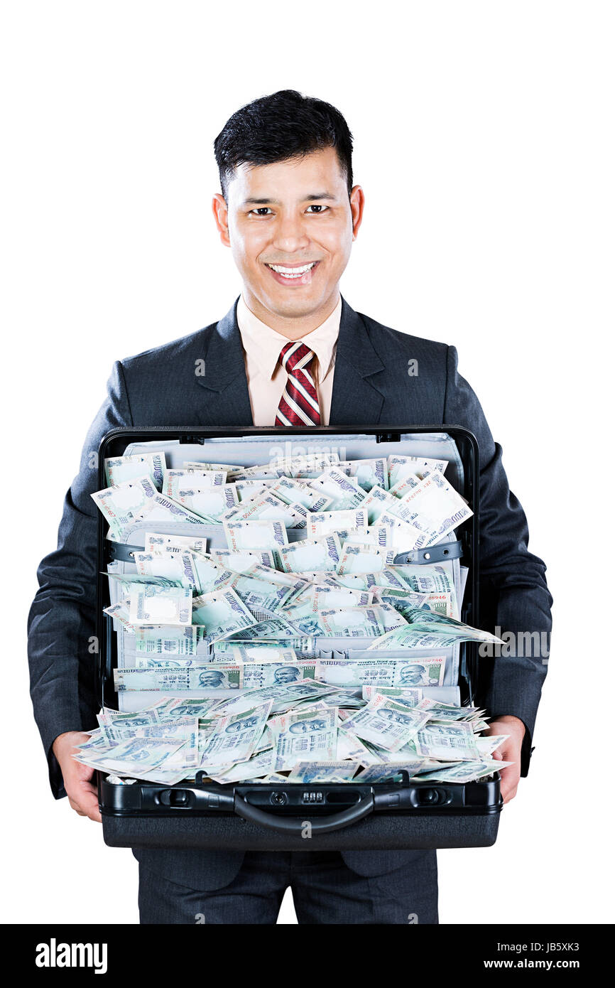 1 businessman holding briefcase montrant roupies indiennes de l'abondance de l'argent loterie argent monnaie promotion Banque D'Images