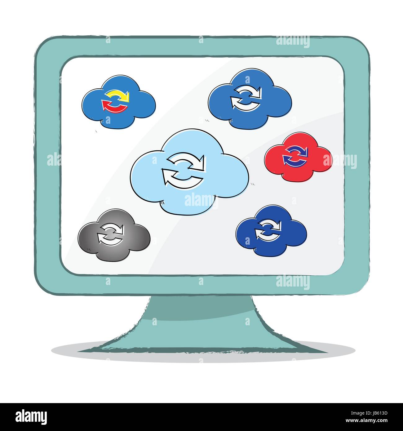 L'icône de synchronisation cloud sur le moniteur de l'ordinateur, la main se noient, simple style design - vector illustration. Illustration de Vecteur