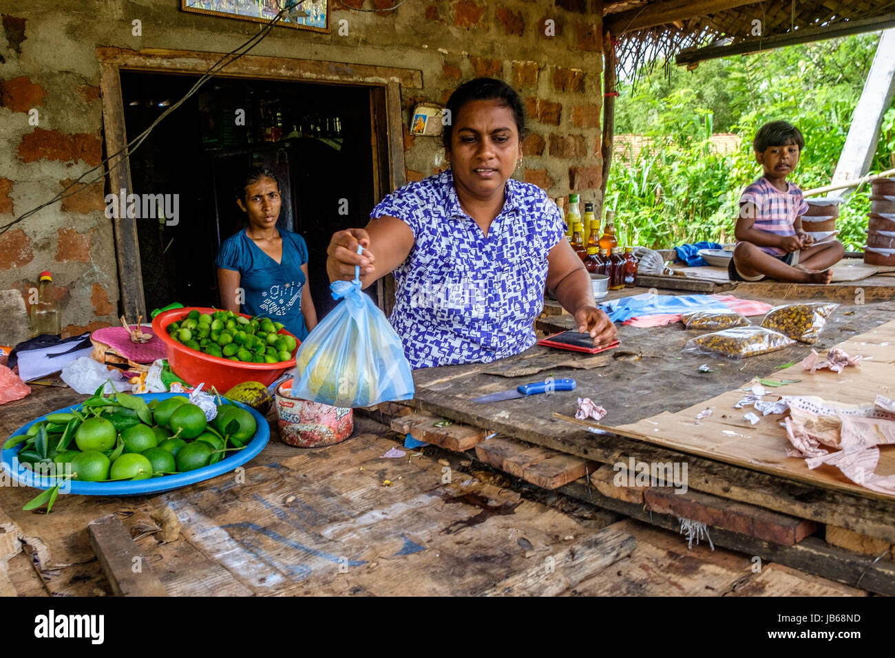 Une dame vendant des fruits à partir d'un blocage des routes, Sri Lanka Banque D'Images