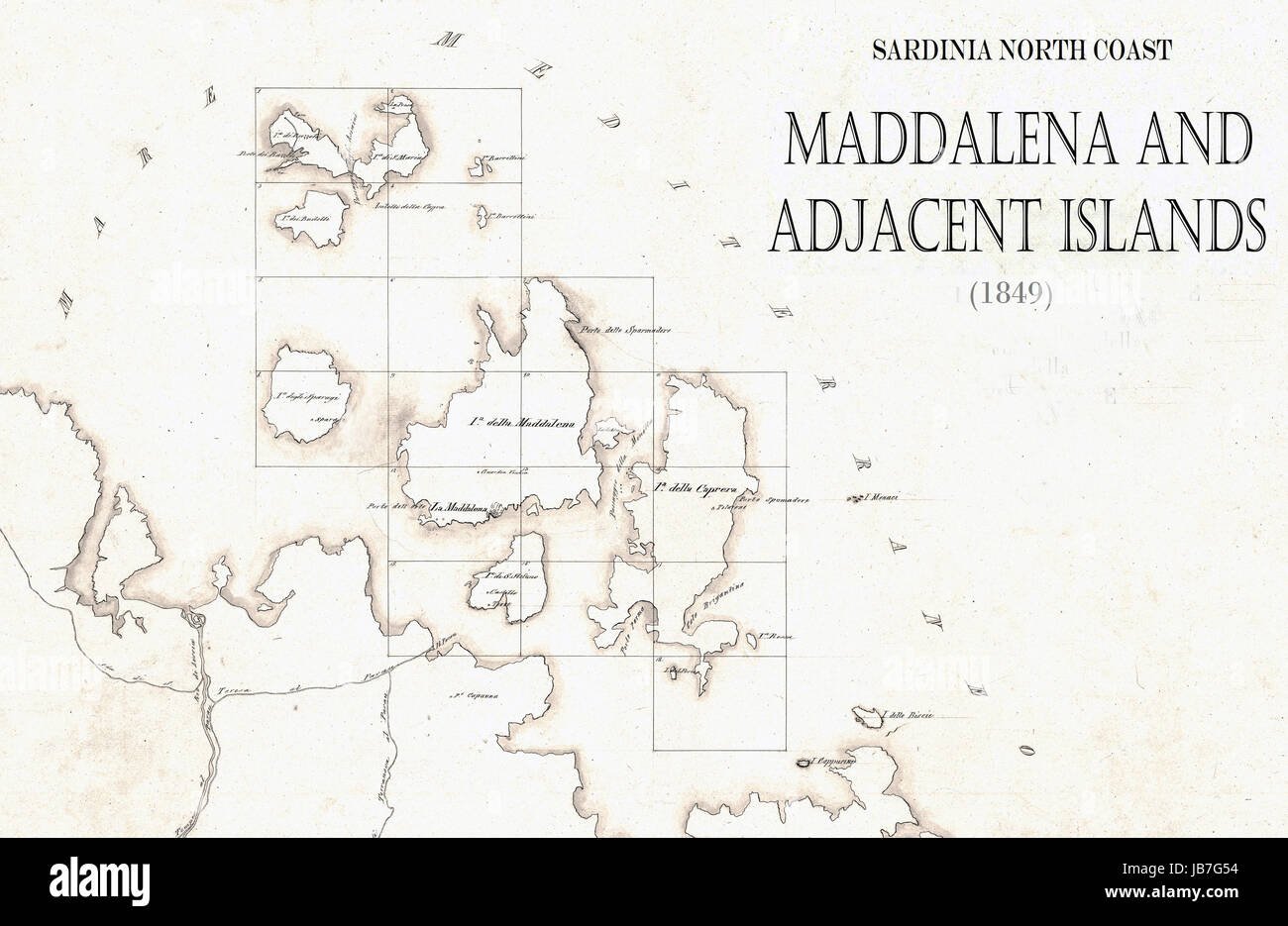 La Sardaigne. La vieille carte de l'archipel de La Maddalena 1849 Banque D'Images