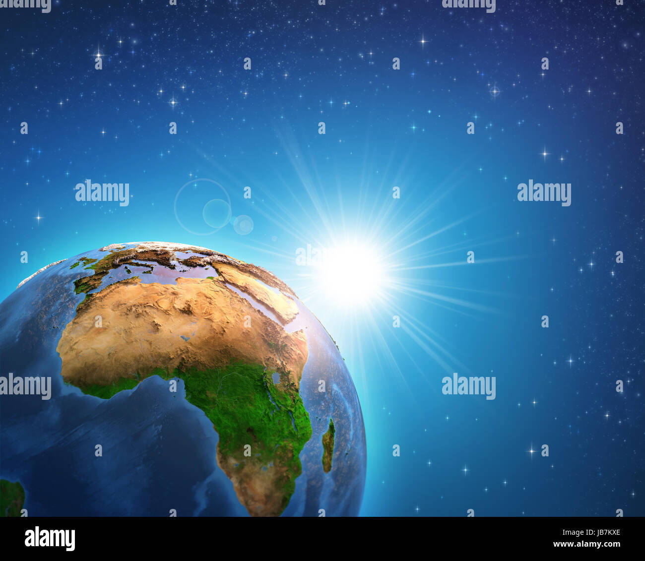 La terre dans l'espace profond, porté sur le continent africain, le lever du soleil qui brille sur l'horizon. Éléments de cette image fournie par la NASA - 3D illustration. Banque D'Images