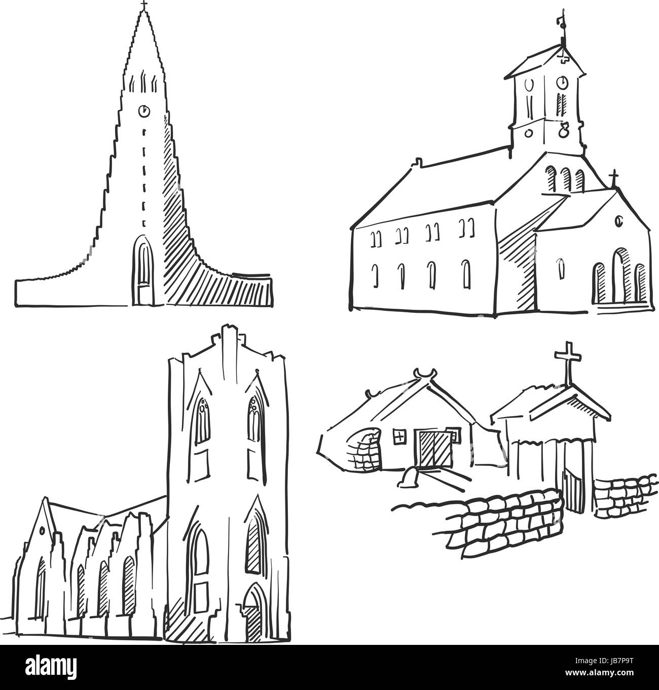 Reykjavik Islande célèbres bâtiments, monuments, Voyage décrit Monochrome Scalable Vector Illustration Illustration de Vecteur