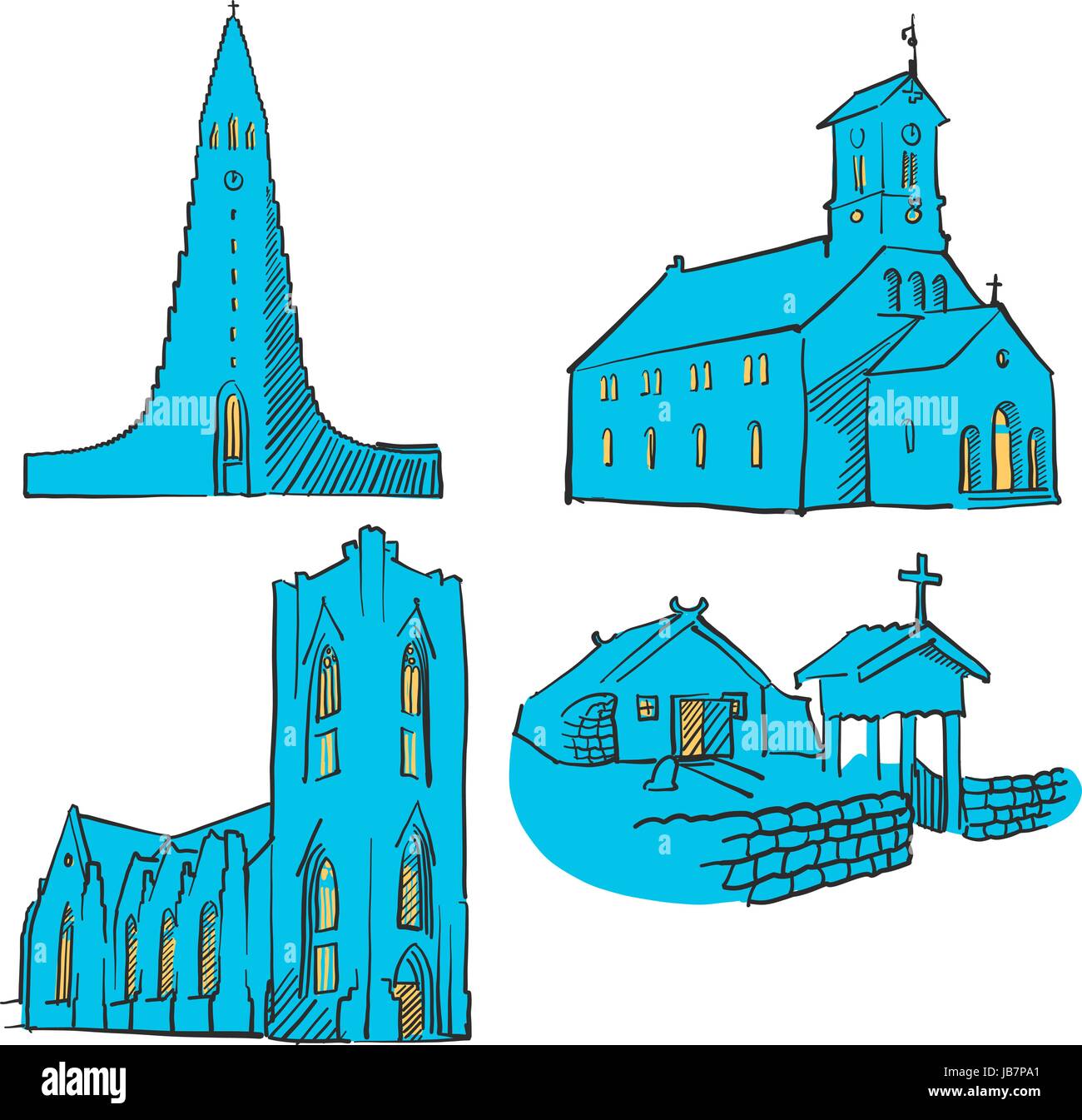 Repères de couleur Reykjavik Islande, Scalable Vector Monuments. Rempli de forme bleue et jaune. Illustration de Vecteur