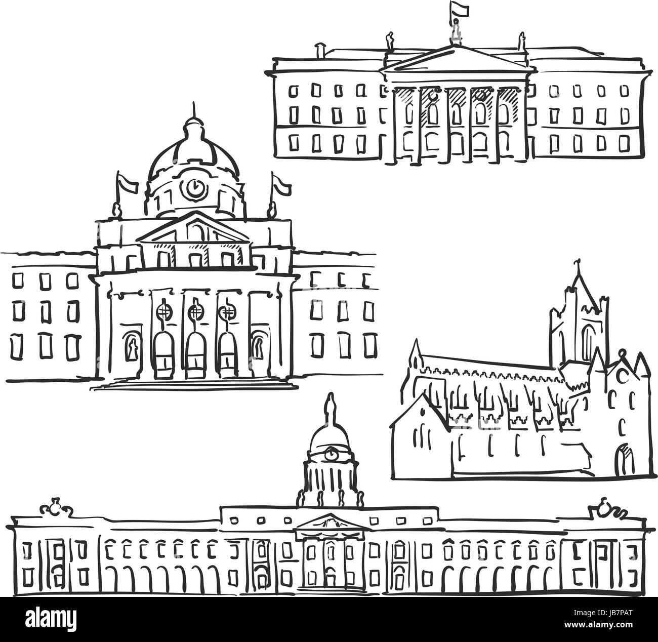 Irlande Dublin célèbres bâtiments, monuments, Voyage décrit Monochrome Scalable Vector Illustration Illustration de Vecteur