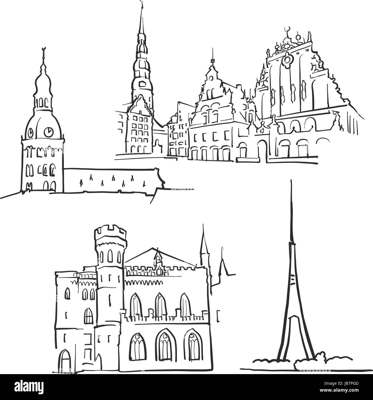 Riga Lettonie célèbres bâtiments, monuments, Voyage décrit Monochrome Scalable Vector Illustration Illustration de Vecteur