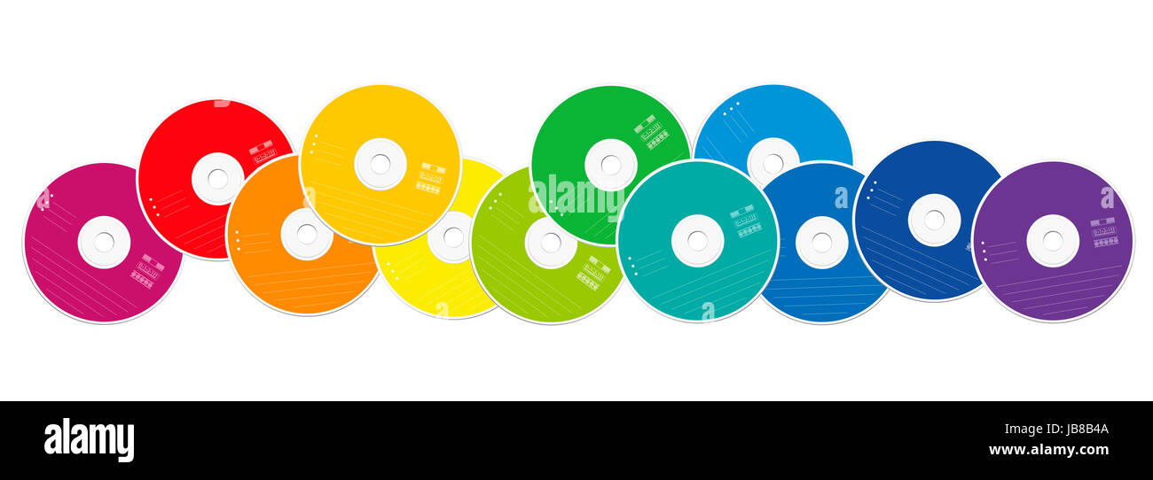 Cd - collection de disques compacts de couleur disposés de façon lâche - illustration sur fond blanc. Banque D'Images