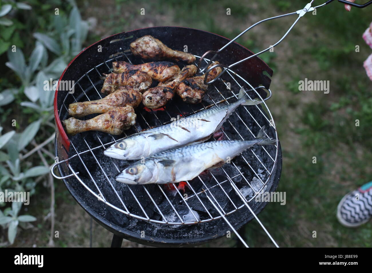 Les sardines et de poulet sur un barbecue en plein air, manger à l'extérieur Banque D'Images
