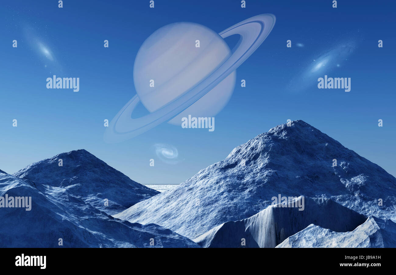 Saturne vu de l'une de ses lunes. Banque D'Images