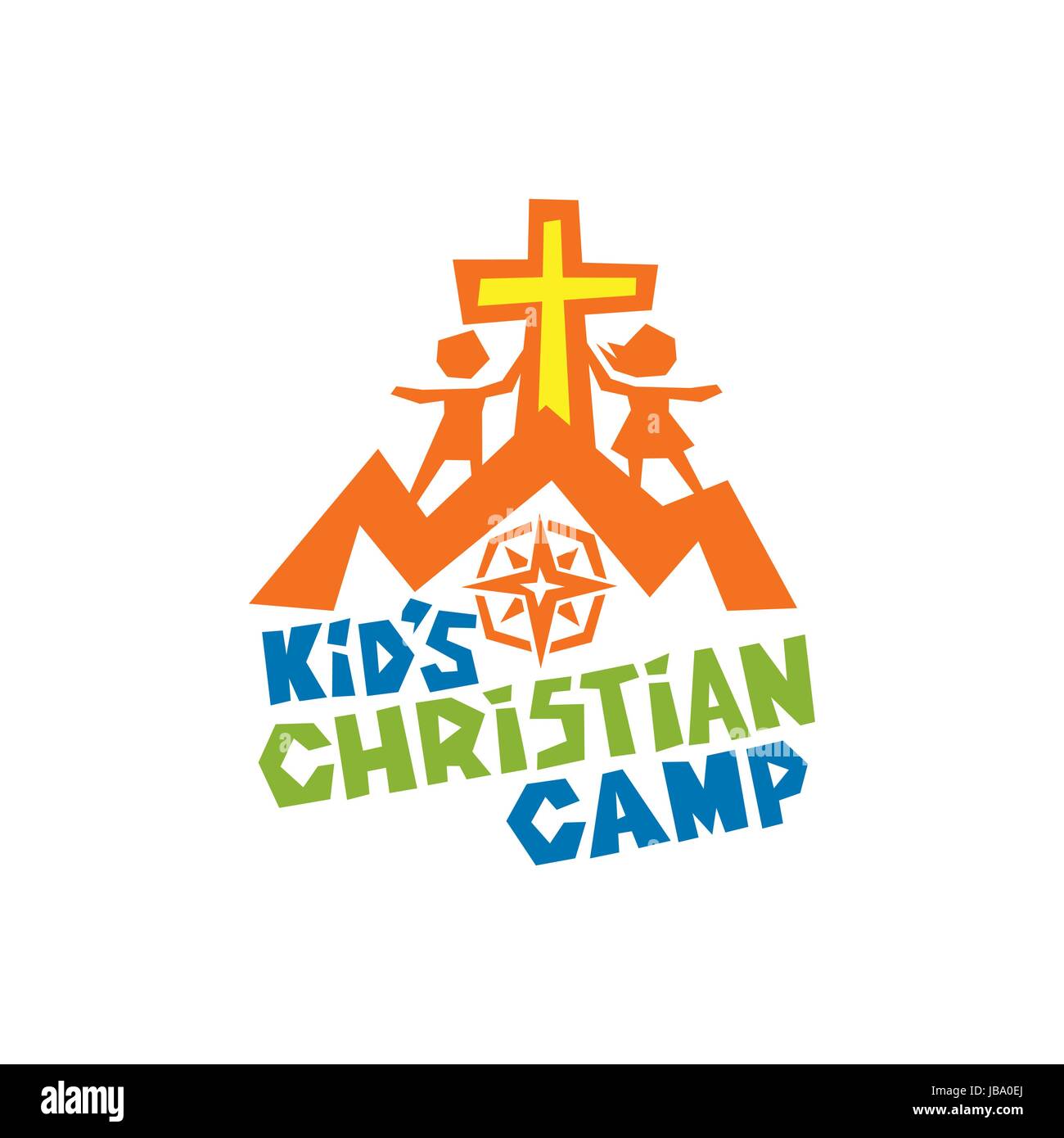 Logo de kid's camp chrétien. Croix de Jésus, des enfants, des montagnes et de la boussole Illustration de Vecteur