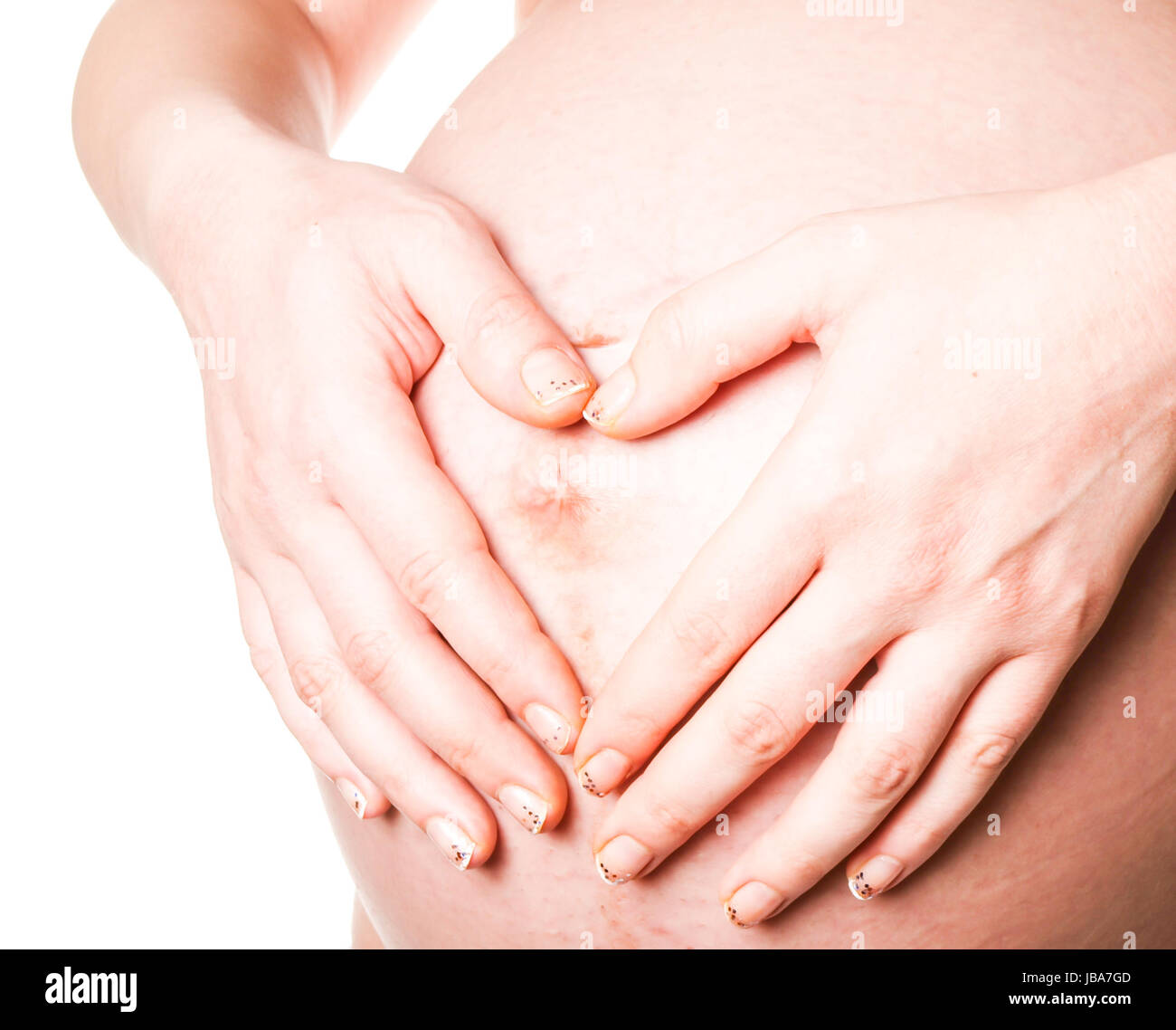 Mere Tenant Sur Son Bebe Ventre Isole Vers Le Blanc Photo Stock Alamy