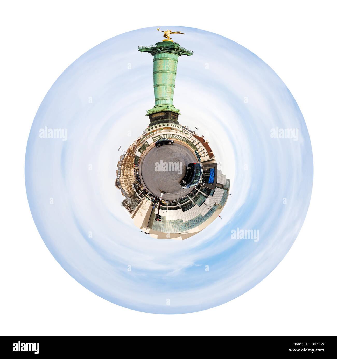 Petite Planète - panorama sphérique urbaine de la Place de la Bastille et l'Opéra Bastille et la colonne de juillet à Paris isolé sur fond blanc Banque D'Images