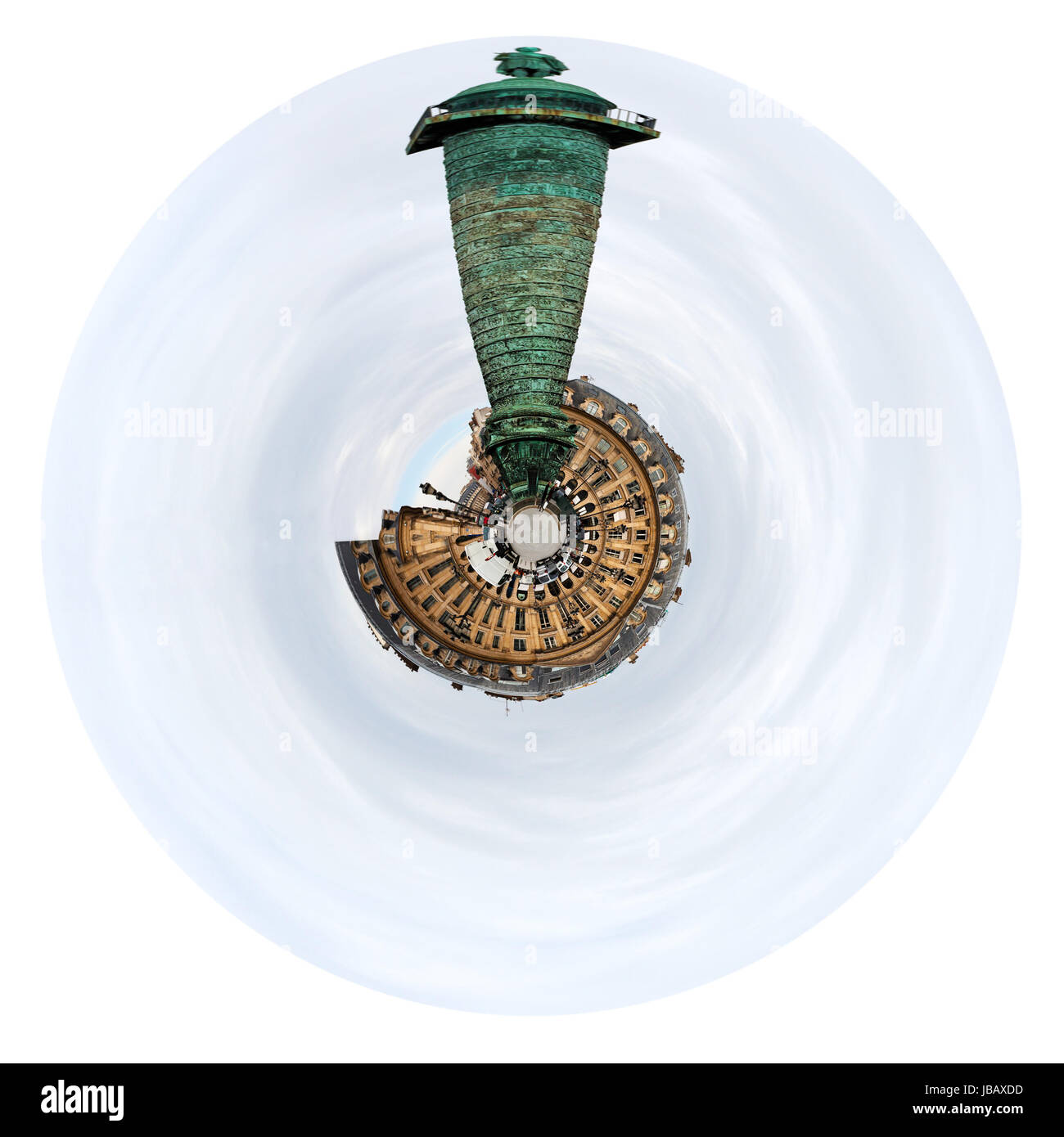 Petite Planète - vue sphérique Place Vendôme (Place Vendôme) avec la colonne à Paris isolé sur fond blanc Banque D'Images