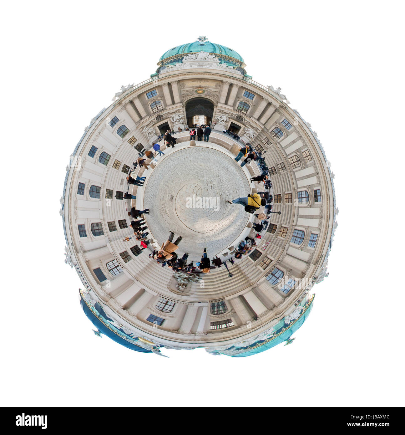 Petite Planète - panorama sphérique de Michaelertrakt aile palace sur Michaelerplatz Vienne, Autriche isolé sur fond blanc Banque D'Images