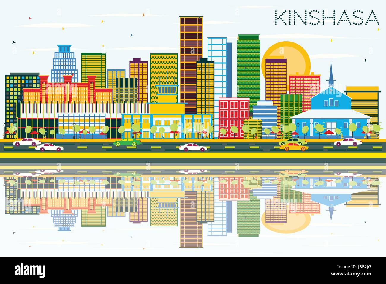 Toits de kinshasa avec les bâtiments de couleur, ciel bleu et réflexions. vector illustration. Les voyages d'affaires et tourisme concept avec l'architecture moderne. Illustration de Vecteur