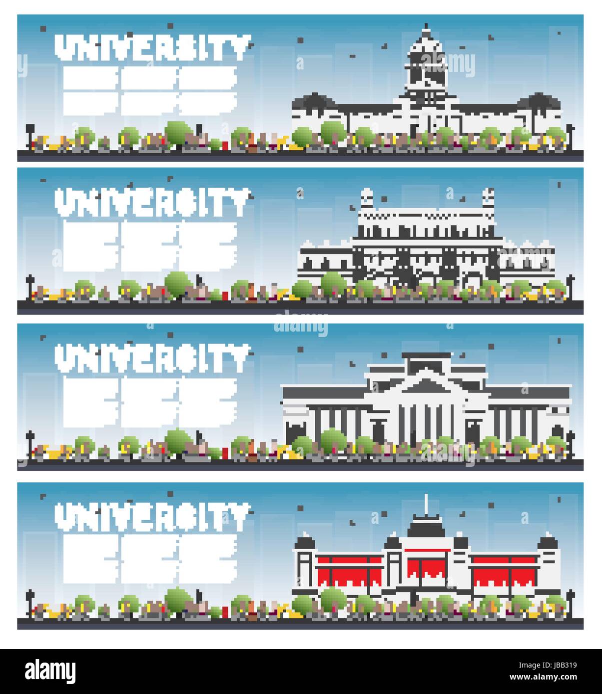 L'étude de l'Université ensemble de bannières. Vector Illustration. Les étudiants à partir de l'édifice principal de l'université. Skyline avec ciel bleu et l'arbre vert. Illustration de Vecteur