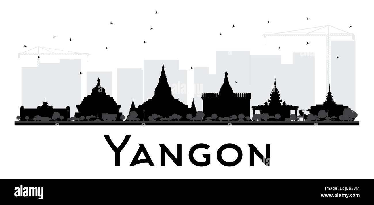 Yangon City skyline silhouette noir et blanc. Concept simple pour le tourisme présentation, bannière, un placard ou un site web. Vue urbaine avec des points de repère. Illustration de Vecteur