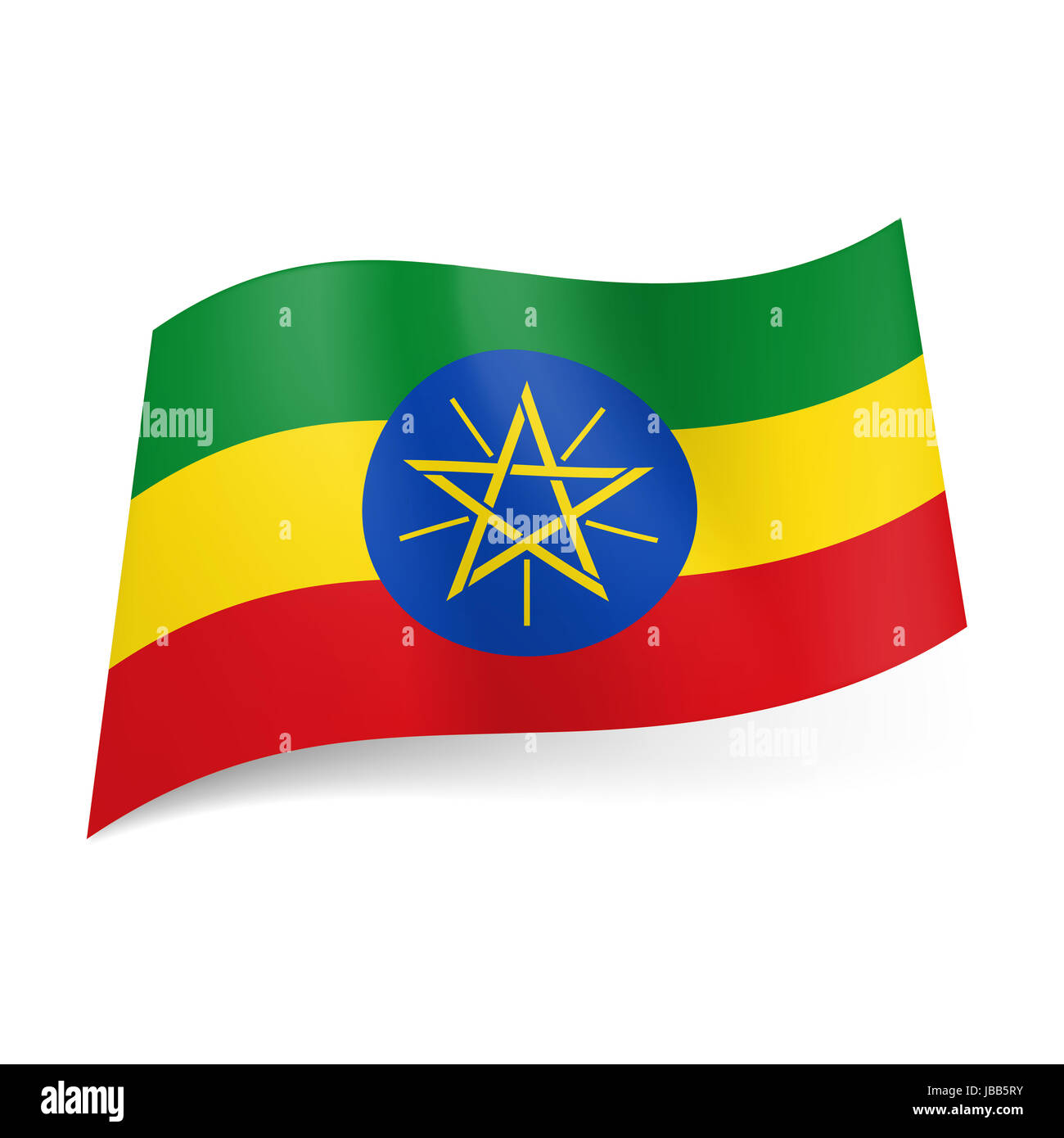 Drapeau national de l'Ethiopie : vert, jaune et rouge avec des rayures horizontales dans le centre de l'emblème étoiles Banque D'Images