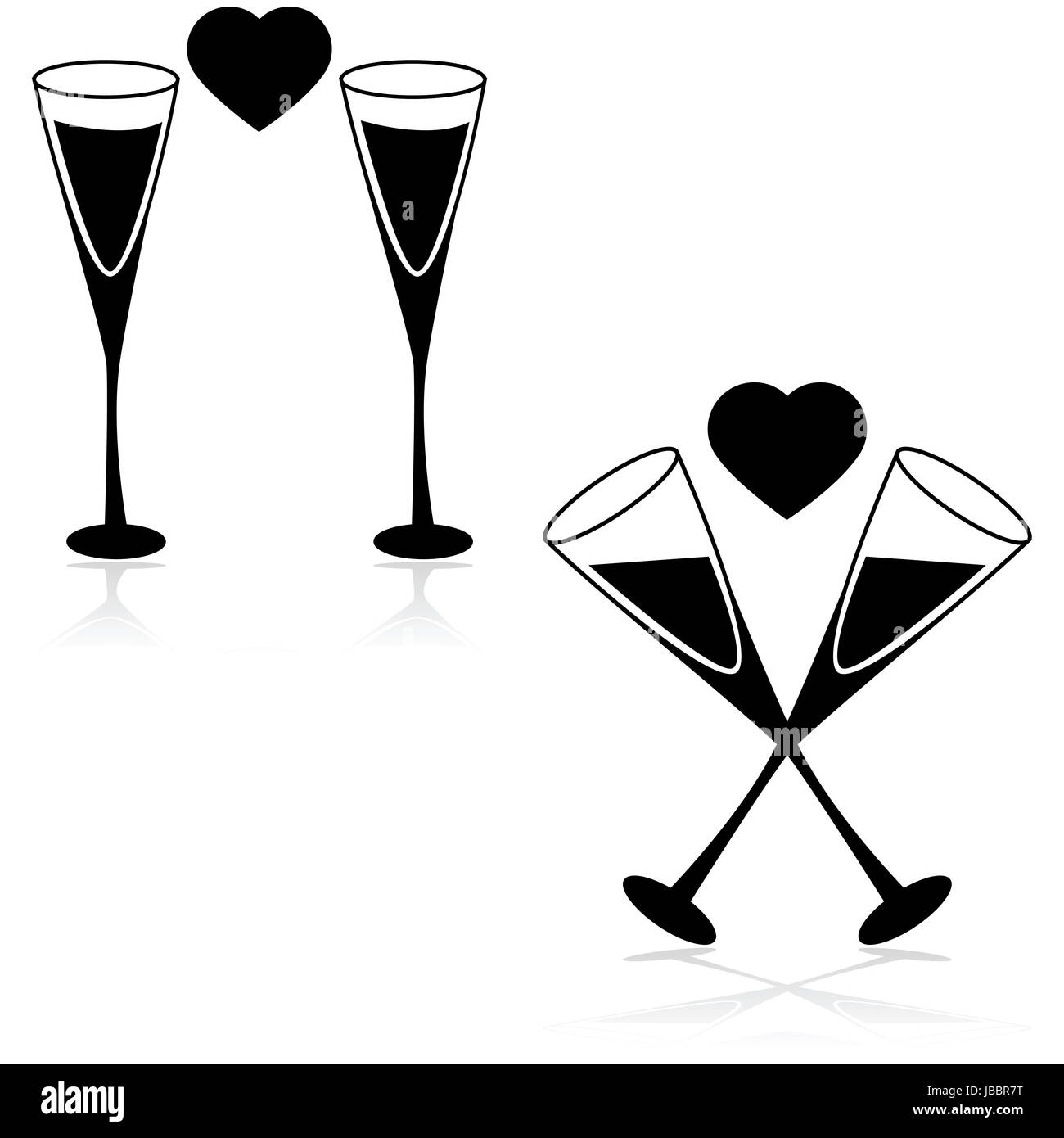 Icon Set montrant deux verres de champagne avec un cœur en entre eux Banque D'Images