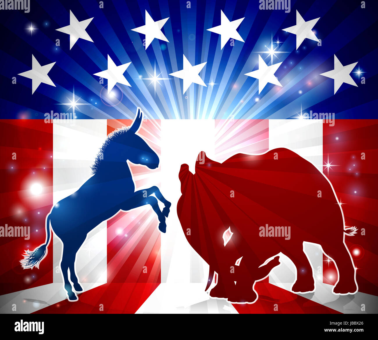 Un âne et l'éléphant en silhouette face à l'aide d'un drapeau américain en arrière-plan politique, démocrates et républicains animaux mascotte Banque D'Images