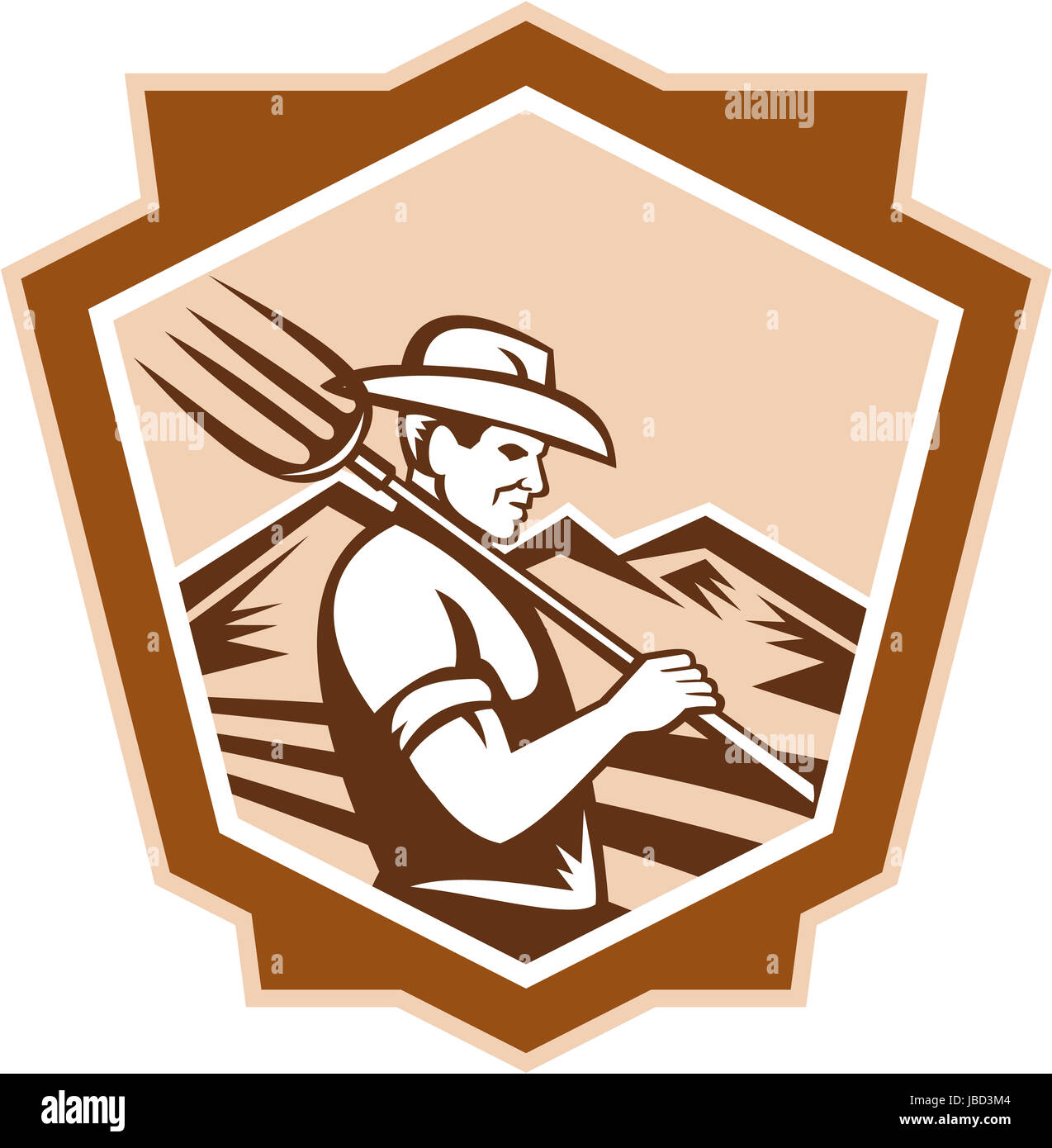 Illustration de l'agriculteur biologique et fourche vers l'avant à l'intérieur set shield fait en rétro style gravure sur bois Banque D'Images