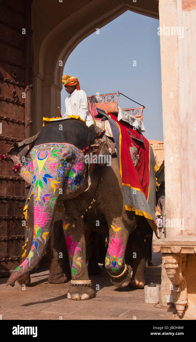 Mahout équitation un éléphant décoré par l'entrée de Fort Amber à Jaipur, Rajasthan, Inde. Banque D'Images