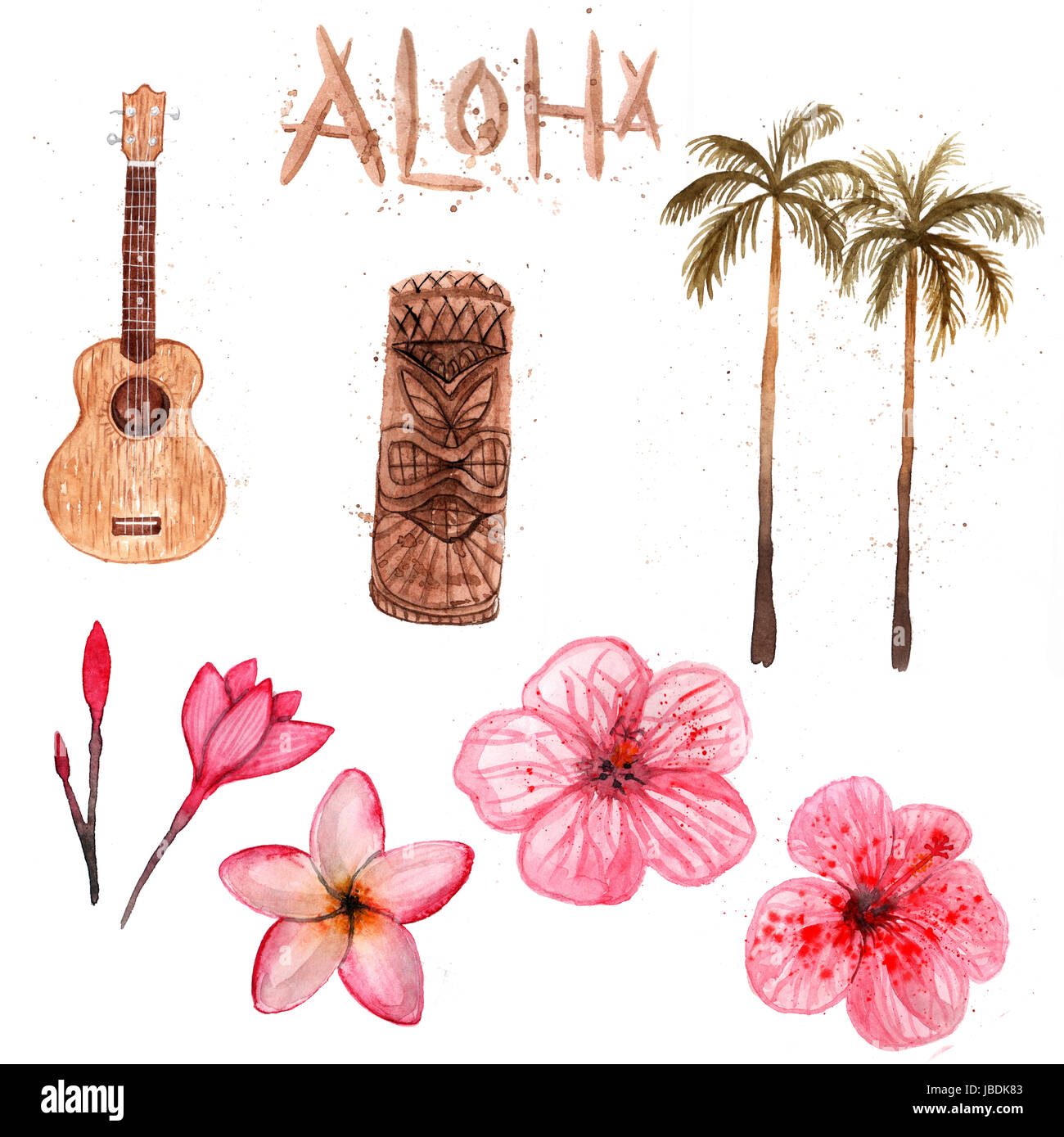 Aquarelle Hawaï set isolé sur fond blanc. Ukulele, tiki, palm, fleurs Banque D'Images