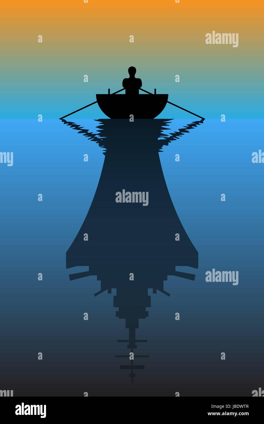 Silhouette d'un bateau et son reflet comme un navire de guerre - concept de la paix et de la guerre Illustration de Vecteur