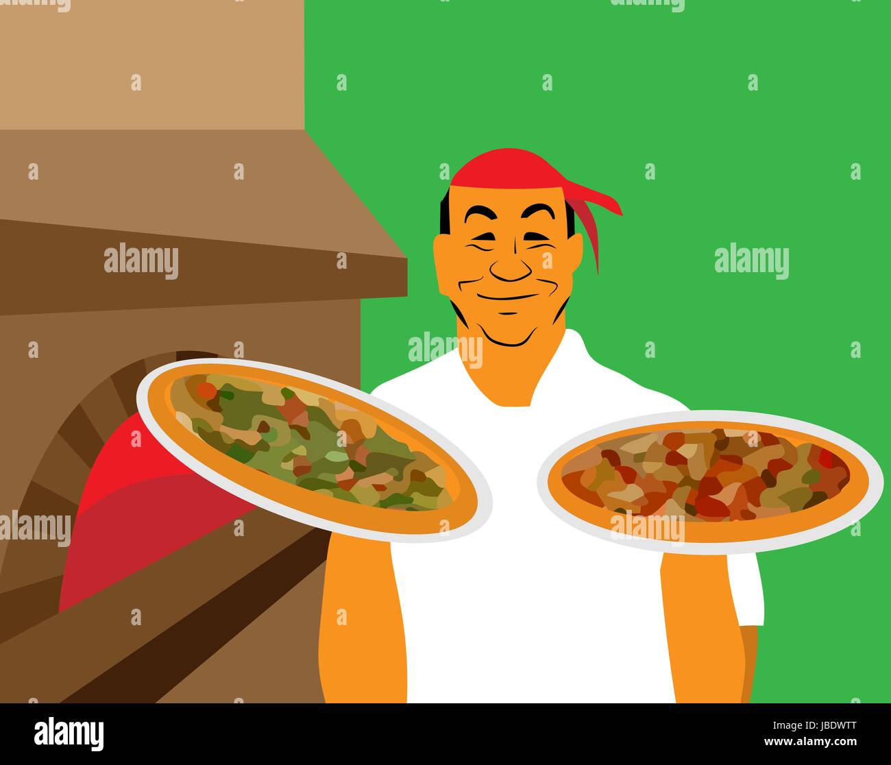 Garçon en uniforme avec des pizzas cuites au feu de bois four Illustration de Vecteur