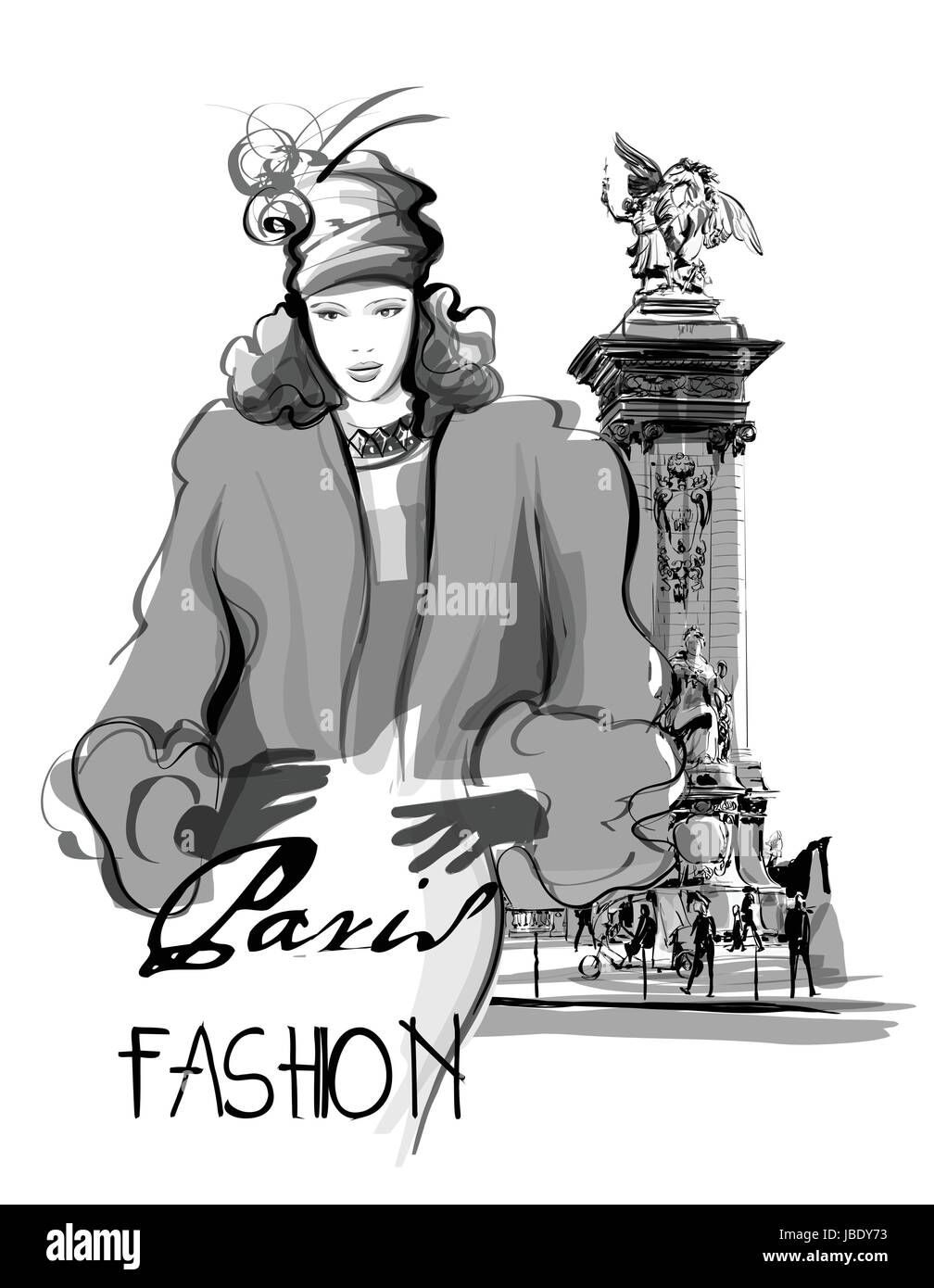 Modèle de mode marche sur le Pont Alexandre III à Paris France - vector illustration Illustration de Vecteur
