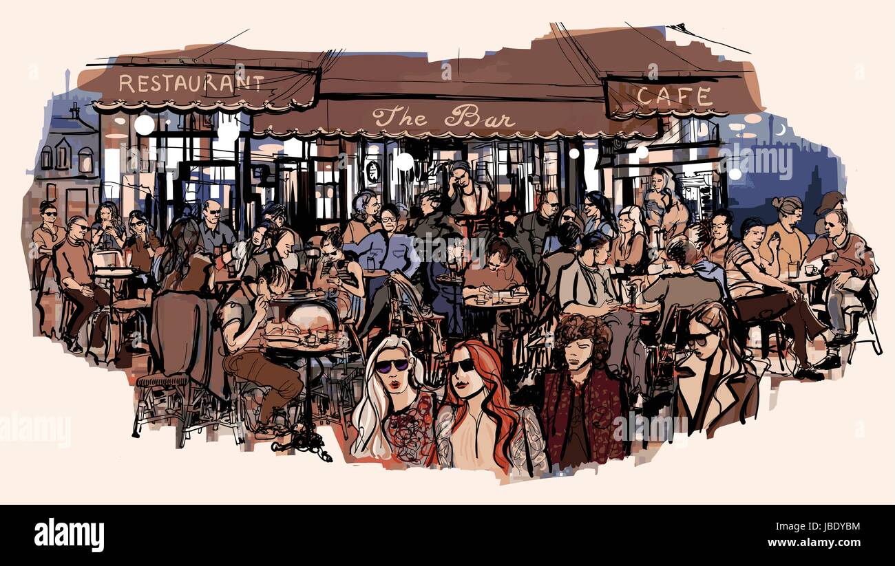 Les clients à l'extérieur traditionnel Café Parisien - Vector illustration Illustration de Vecteur
