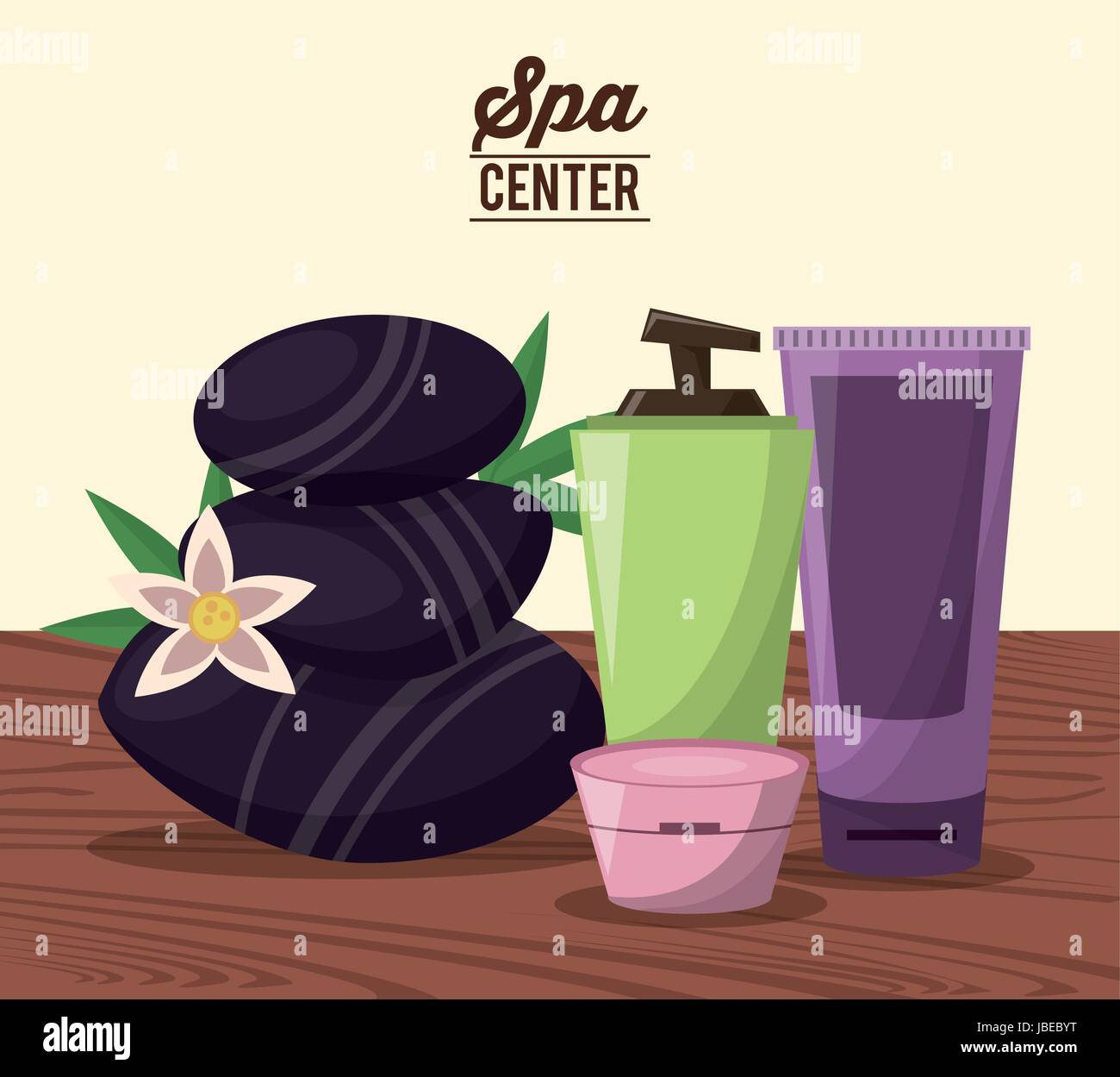 Affiche en couleur d'un centre de spa avec les pierres noires et kit de traitement à la crème de peau Illustration de Vecteur