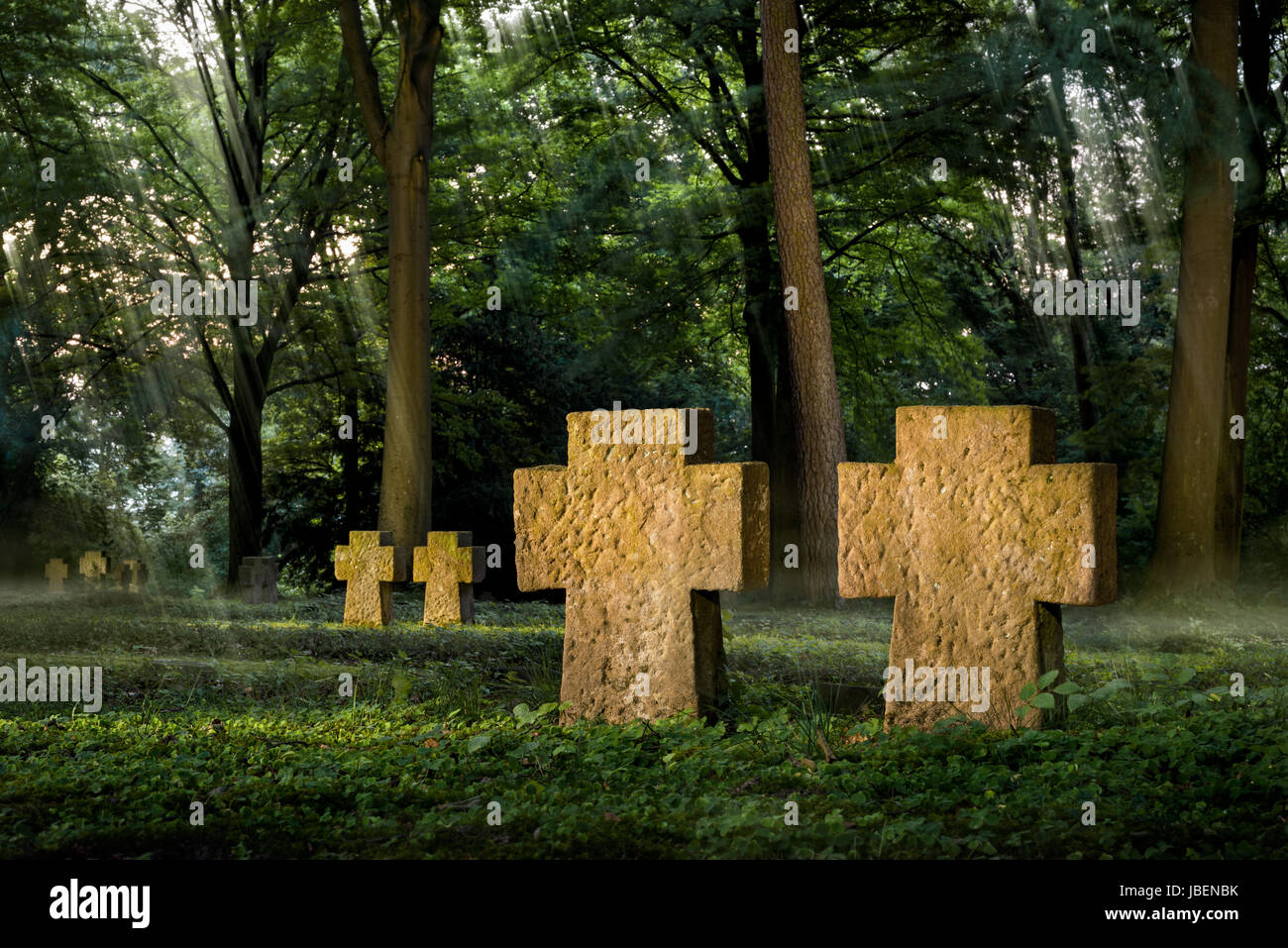 Kreuzförmigen Grabsteinen Ehrenfriedhof mit ein schöner-Lichtstimmung Banque D'Images