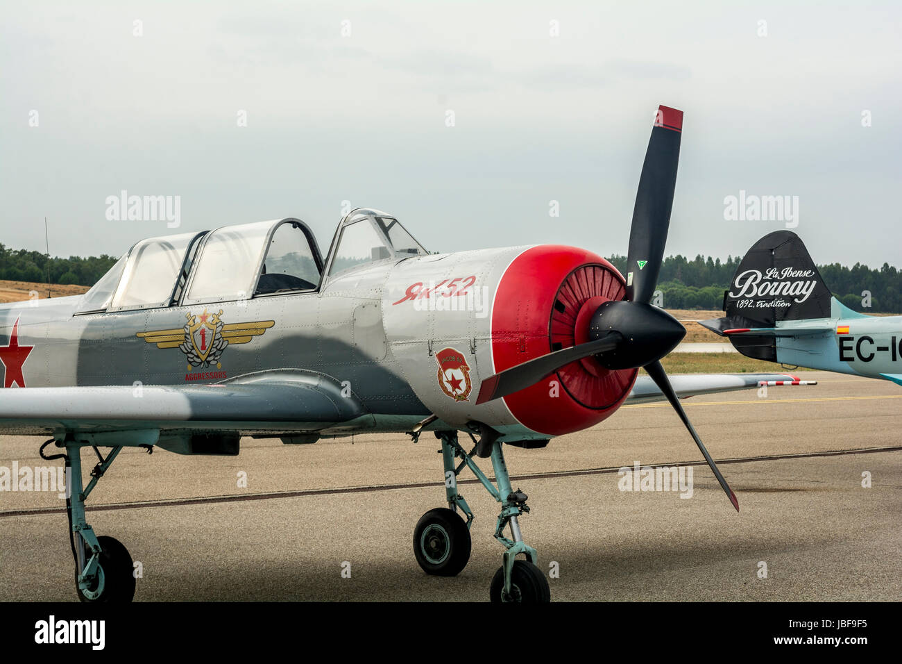 Air show avec avions Yak-52 au Portugal Banque D'Images