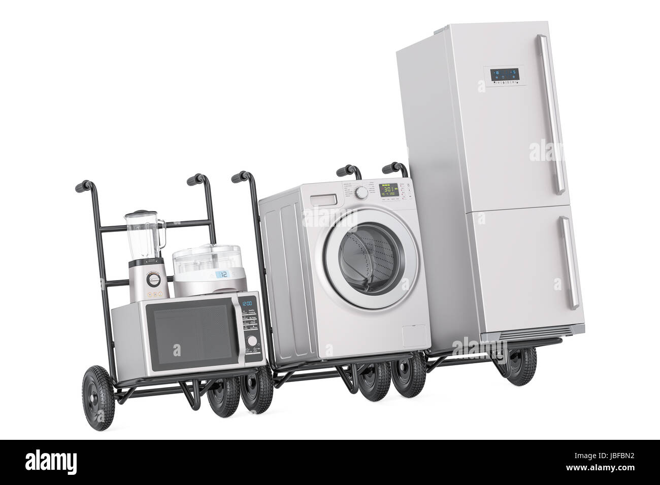 La livraison des appareils de cuisine. Des camions de main avec réfrigérateur, lave-linge, micro-ondes, mixeur et yaourtière, 3D Rendering Banque D'Images