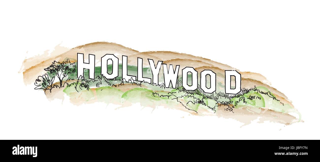 Panneau Hollywood Hollywood Hill. illustration aquarelle paysage Illustration de Vecteur