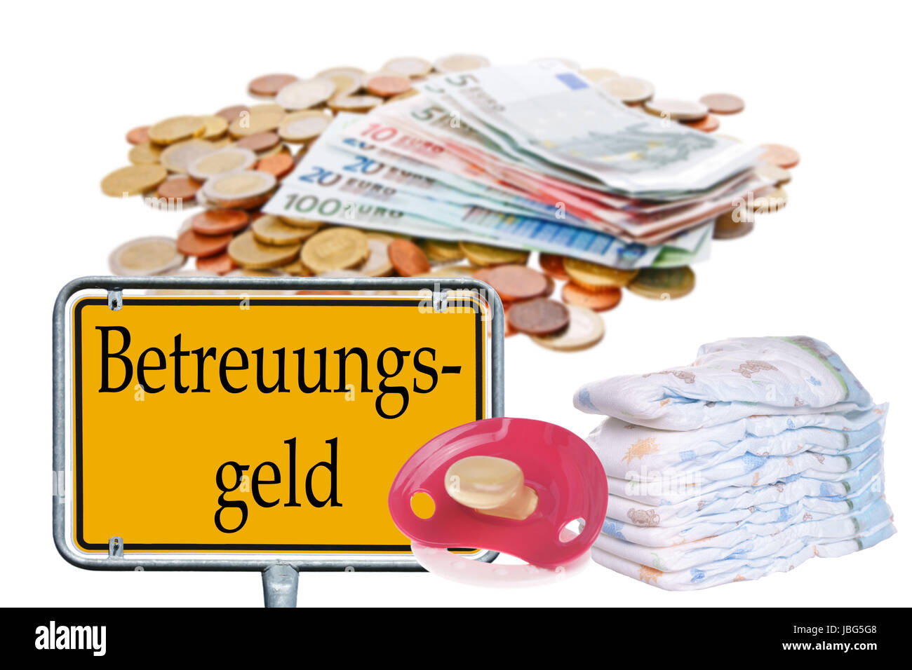 Protection avec l'allocation de soins mots allemands et des couches et de l'argent Banque D'Images