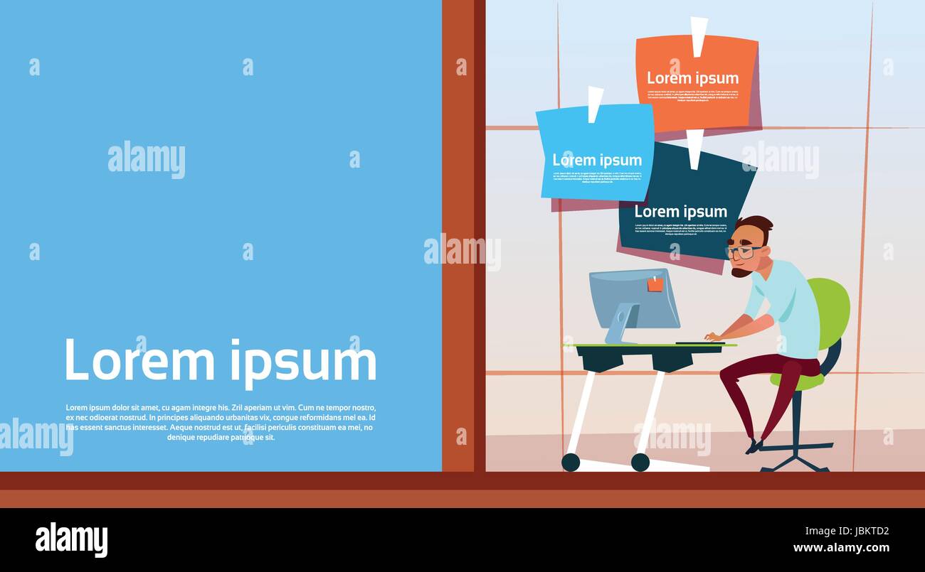 Business Man sitting Bureau Bureau Bureau de l'ordinateur de travail Copy Space Illustration de Vecteur