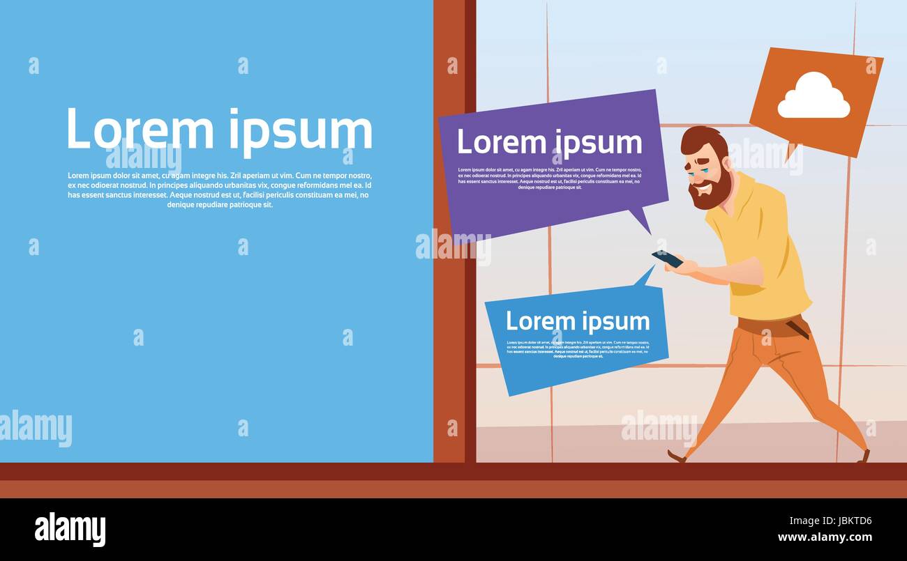 Business Man Walking Utiliser Cell Smart Phone Internet surf avec bannière en ligne Copy Space Illustration de Vecteur