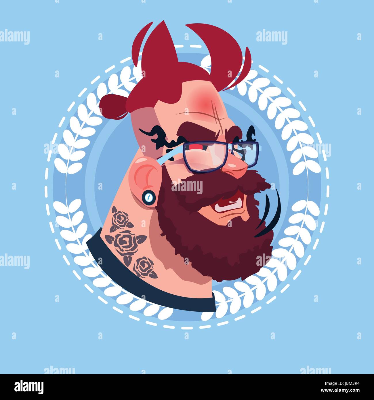 L'icône de profil émotion masculine, Hipster Avatar Portrait Cartoon Happy Smiling Face Avec Devil Horning Illustration de Vecteur