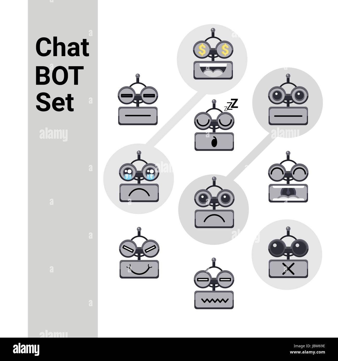 Cartoon Cute Smiling Face Robot chat négatif émotions Bot Icon Set Illustration de Vecteur